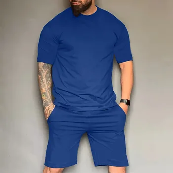 2023 אופנה, Mens כותנה חולצות להגדיר כושר כושר Sportshirt O-צוואר ריצה 2Piece מכנסי טרנינג גדול מדי קיץ חליפת ספורט