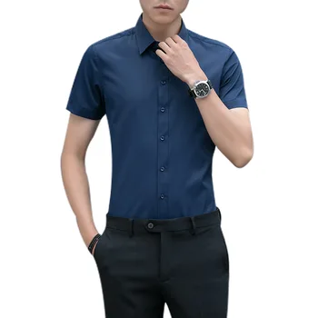2019 קיץ אופנה גברית חולצת שרוולים קצרים לכל היותר פשוטה מוצק צבע Mens שמלת חולצות גברים סלים חולצה בתוספת גודל 5XL