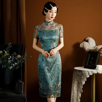 2023 חדש בצבע ירוק כהה הגברת Cheongsam סאטן המותניים שיפור גרסה יומי מסלול צילום אירועים ללבוש סיני שמלת תחרה Cheongsam