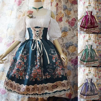 וינטג ' פרחוני מודפס שמלה לוליטה נסיכה פנס גבוה מותן מחוך חצאית המשפט סגנון שמלות נשים