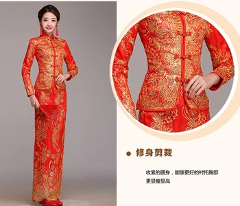 1set/הרבה בסגנון סיני אישה רקמה קרדיגן ארוך cheongsam סאטן עם שרוולים ארוכים לעמוד צווארון הכלה cheongsam