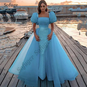 Sofuge ad985 טול שמלות ערב לנשים שרוול קצר מחשוף גב מעולה שסף חצוצרה צווארון מרובע רכבת משפט השמלה