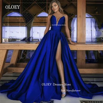 OLOEY 2023 כחול קו סאטן שמלות ערב מתוקה גבוהה פיצול דובאי נשים ערביות ארוך שמלות לנשף מסיבת לבוש רשמי