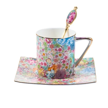 נורדי פרחים פסטורלי בסגנון אחר הצהריים כוס תה אור יוקרה ערכת תה כוס צלחת קרמיקה כוס תה אנגלית כוס עם כפית