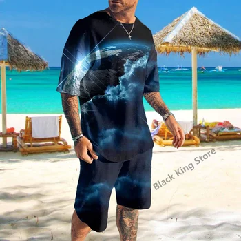 קיץ גברים אופנה בסגנון סיני 2 חתיכה להגדיר הדפסת 3D חוף פראי אימונית החליפה מזדמן חולצת שרוול קצר צוואר צוות בגדים