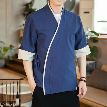2023 חדש בסגנון סיני מסורתי לאומי תלבושת רטרו רקמה תפירה כותנה, פשתן צבע ניגוד גברים העליון של החולצה.