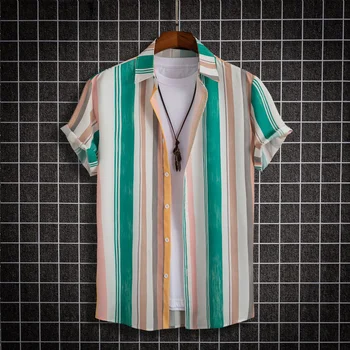 הקיץ של גברים מזדמן חולצת פוליאסטר וכותנה גדול 2XL מזדמן ברחוב ללבוש טופ פסים דפוס מודפס צבע החליפה