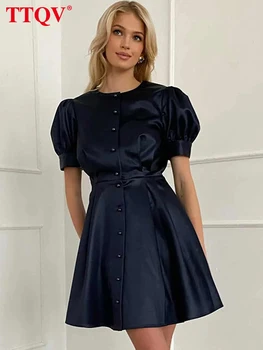 TTQV קיץ שחור O-צוואר שמלות לנשים 2023 אלגנטי שרוול קצר חד-בעלות קו אופנה שמלה גבוהה המותניים מיני שמלה