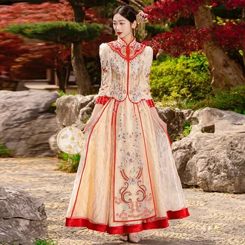אלגנטי הכלה שמפניה זהב Cheongsam הסינית בגדים פייטים חרוזים ציציות שמלת חתונה טאנג חליפה