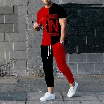 קיץ בגדי גברים אופנת רחוב מאמין חולצה+מכנסיים ארוכים 2 ערכות קטע הדפסת 3D קליל בחוץ, ספורט חליפת מכנסיים