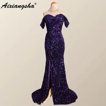 Aixiangsha את הכתף קטיפה סגול נצנצים ים חרך שמלת מסיבת vestidos דה פיאסטה elegantes פארא mujer 2023