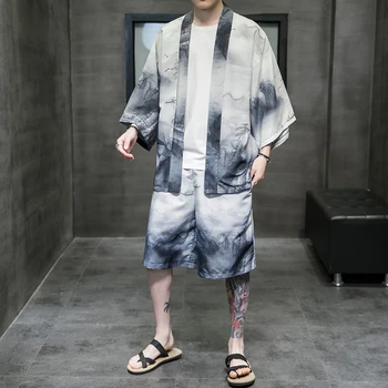 קימונו ' קט החליפה גברים יפנית בקיץ מכנסיים קצרים להגדיר יאקאטה גברים Haori אובי יפנית גל הדפסה מעיל מסורתי ביפן בגדים