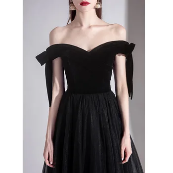 נשים אלגנטי שחור Off-כתף שמלת ערב ארוכה בד טול רשמי, שמלות צד החלוק דה נשף вечернее платье