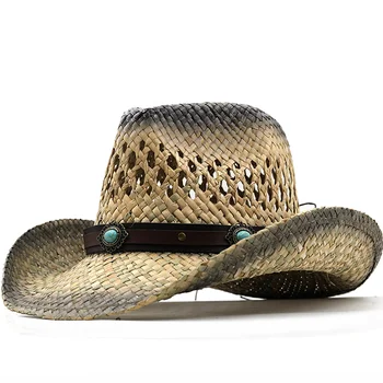 2022 אנשים חדשים חוף כובע קאובוי נשים 100% טבעי קש כובע פנמה החגורה פרה לקשט רחב שוליים כובעים לקיץ חאקי זכר הכובע