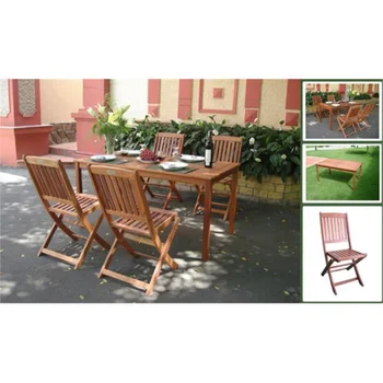 מאליבו חיצוני 5-חתיכת עץ פטיו האוכל מסודר עם כסאות מתקפלים