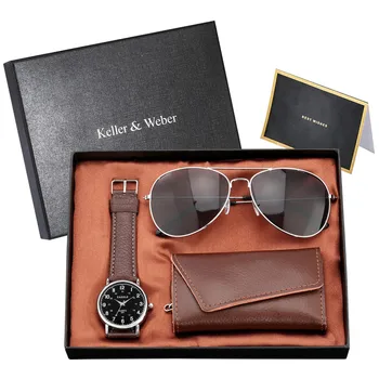 מגניב עור חום המפתח חבילה מחזיק עם אופנה משקפי שמש מתנה סט של הגברים קוורץ אנלוגי שעון יד להציג את תיבת כרטיס זכר
