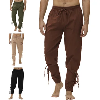 האביב קיץ של גברים מקרית מוצק צבע הרלן מכנסיים זכר ימי הביניים מכנסיים ויקינג תחפושת פיראט מכנסיים מכנסי תחרה