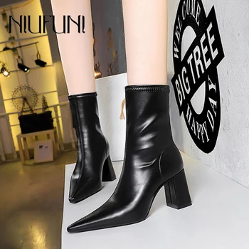 NIUFUNI הצביע עור PU של נשים עבה מגפי עקבים גבוהים נעלי מרקם אביב סתיו מגפי קרסול גודל 34-43 שחור צינור קצר