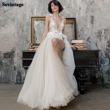 Sevintage בוהו גבוה צד פיצול שמלות כלה V-צוואר אפליקציות תחרה 3D פרחים שמלות כלה רצועות ספגטי שמלת החתונה