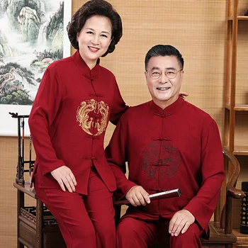 האביב זוגות טאנג חליפה Mens פו בגדים סטים בגיל העמידה עם שרוולים ארוך כותנה פשתן נשים בוקר התעמלות טאי צ ' י אחיד