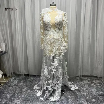 צילום אמיתי ערב בתולת ים שמלת החתונה 2022 צווארון גבוה הצד שסף אפליקציות תחרה שרוול ארוך בוהו בהזמנה אישית שמלת כלה.