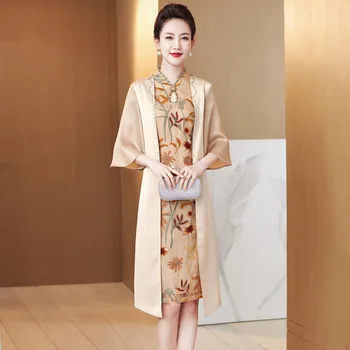 Yourqipao סיני שמפניה רקמה זהב מזויף שני חלקים האמא של הכלה Cheongsams שמלת מסיבת חתונה שמלות ערב