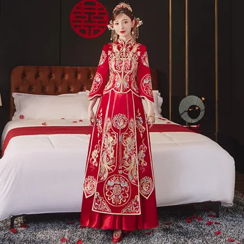 אלגנטית כלה וינטאג', סיני מסורתי שמלת החתונה פיניקס רקמה באיכות גבוהה Cheongsam китайская одежда