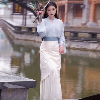 פיית סיני 2PC בציר נשים Hanfu תחפושת V-צוואר מזדמן רטרו כחול התחבושת החולצה מתוק שכבה טלאים חצאית האן השמלה להגדיר