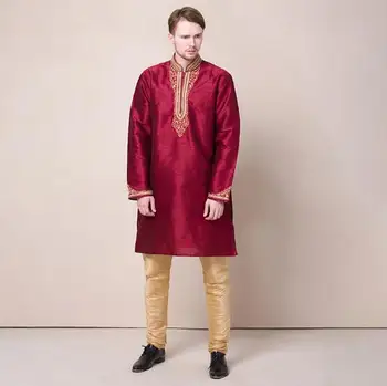 הודי בגדי רקמה אתנית החתונה בגדי גברים חליפה אדומה כוללים מכנסיים אביב קורטה בציר