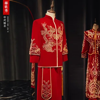 2022 סיני חדש החתונה החתן לבוש עתיקים תחפושת בגדי הכלולות דרקון ופניקס שמלת טאנג חליפה Xiuhe החליפה אביב