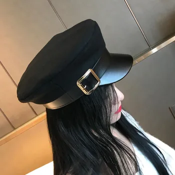 נשים שחור צבאי כובעים סתיו חורף אופנה צמר עור Pu טלאים המוכרי עיתונים עם החגורה נשית Gorras
