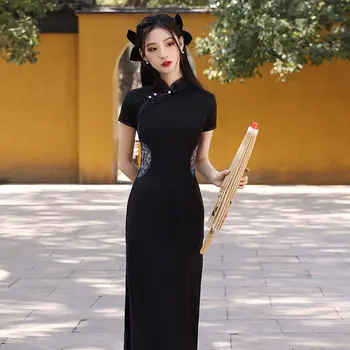 2023 Cheongsam בציר שמלה שחורה נשים באיכות גבוהה יומי בסגנון הגותי צ 'יפאו שרוול קצר בגדי המסיבה Vestido סקסי צ' י פאו מודרני
