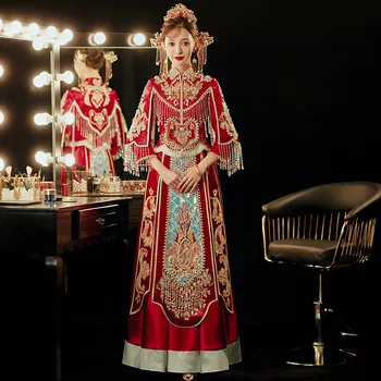 רטרו בסגנון סיני סאטן פייטים חרוזים שמלת חתונה מסורתית Cheongsam כלה וינטג רשמית צ ' יפאו הגומי для восточных