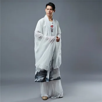 סיני Hanfu הטאואיסטית החלוק הסגנון העתיק גברים העתיקה התחפושת חולצה ארוכה זן בגדים שיפון הדפסה פיות גדול שרוול העליון