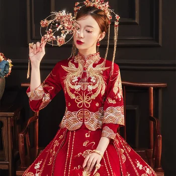 הכלה החדשה הפניקס רקמה שמלת כלה בסגנון סיני נישואין סט מזרחי מנדרין Cheongsam צווארון טוסט בגדים