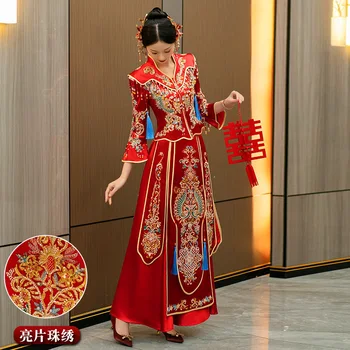 רקמת פניקס הדרקון סינית מסורתית כמה חליפת חתונה Cheongsam אלגנטית כלה וינטג ' צ ' יפאו השמלה