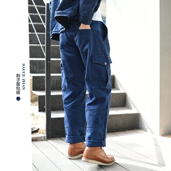 Saucezhan Sashiko גברים מכנסיים מרובי כיסים כותנה מכנסיים בייקר מכנסיים קנדו בגדים בד 420g עבה הסתיו והחורף
