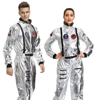 תחפושת אסטרונאוט גברים כסף אסטרונאוט חייזרים חלל Cosplay הקסדה קרנבל נשים בוגרות טייסים תלבושות ליל כל הקדושים תחפושות