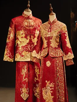 High-end זהב אדום XiuHe החליפה הסינית המסורתית בגדים עבור נשים, שלוש רבע שרוול הדרקון פיניקס אלמנטים החתונה להגדיר