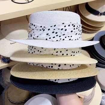 שוליים רחבים, בקיץ כובע לנשים שטוח העליון פולקה דוט חגורה כובע קש כובע השמש חוף כובע הגנה מהשמש ג ' אז כובע קנטאקי דרבי הכובע