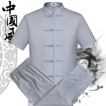 הקיץ סינית מסורתית בגדים להגדיר עבור גברים בציר מזרחי חולצות טאנג חליפת פשתן שרוול קצר חולצות+מכנסיים חליפת שני חלקים