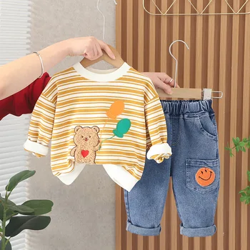2023 באביב בגדי תינוקות עבור ילדים המעצב יום הולדת הלבוש הקוריאני קריקטורה ילד פסים O-צוואר קט בנים העליון והתחתון להגדיר