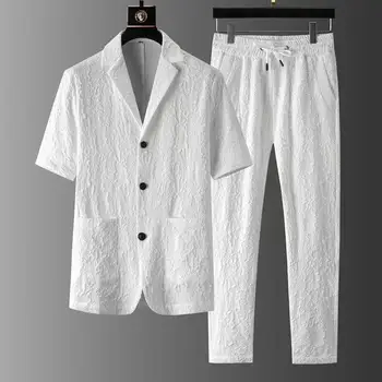 High-end עם שרוולים קצרים מזדמנים החליפה להגדיר הגברים הקיץ החדשים slim-fit אור יוקרה הגירסה הקוריאנית חליפת שני חלקים סט גברים