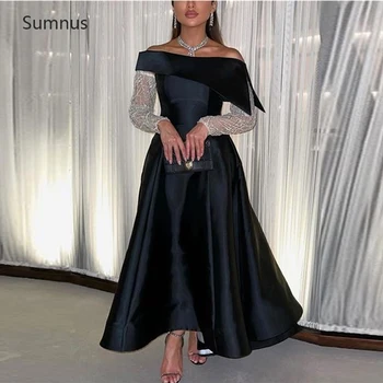 Sumnus ערב הסעודית שחור שמלות לנשף 2022 אלגנטי הסירה הצוואר כתם מנצנץ שרוולים ארוכים ערב רשמי שמלות סלבריטאים להתלבש