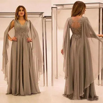 אלגנטי שיפון תחרה האמא של הכלה שמלות סריג עם שרוולים V-צוואר בתוספת גודל הסעודית ערבית החתן אמא ערב, שמלות נשף