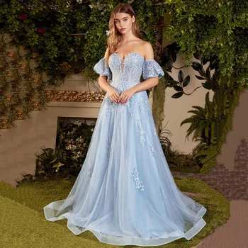 מקסים שמיים כחולים שמלות נשף נצנצים אפליקציות מחוץ כתף ערב מסיבת יום הולדת שמלות קו באורך רצפת תפורים 2023