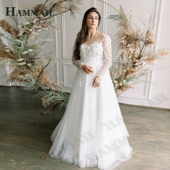 HAMMAH קו חתונה שמלת כלה אפליקציות קלאסי נוצץ טול החלוק דה לנשף De Mariage שרוול מלא או צוואר באורך רצפת