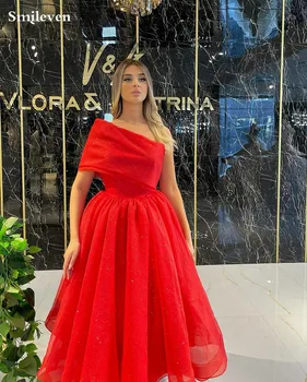 Smileven אדום קצר רשמי שמלות ערב נצנצים Tullle כתף אחת תה אורך מסיבת שמלה קו A ערב הסעודית שמלות לנשף 2022