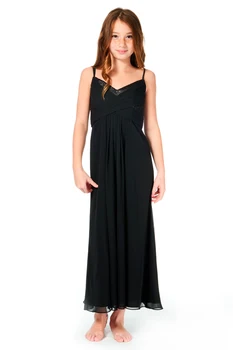 שחור זול ג ' וניור שמלות שושבינה מתחת ל-50 קו רצועות ספגטי באורך קרסול חרוזים שיפון ארוך מסיבת חתונה שמלות