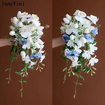 JaneVini העש הלבן, סחלב אשד זר כלה משי כחולה פרחים מפל זר חתונה עבור הכלה הצבעוני ראמוס פלורס Boda